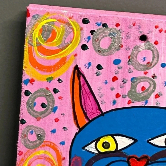Cat Painting On Wood Nursery Pink Pop Art 9 X 7.5 Whimsical Swirls Dots Fun - Picture 2 of 15